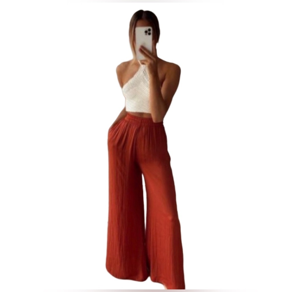 Zara Rust Wide Leg Silky Stretch Waist Pants
